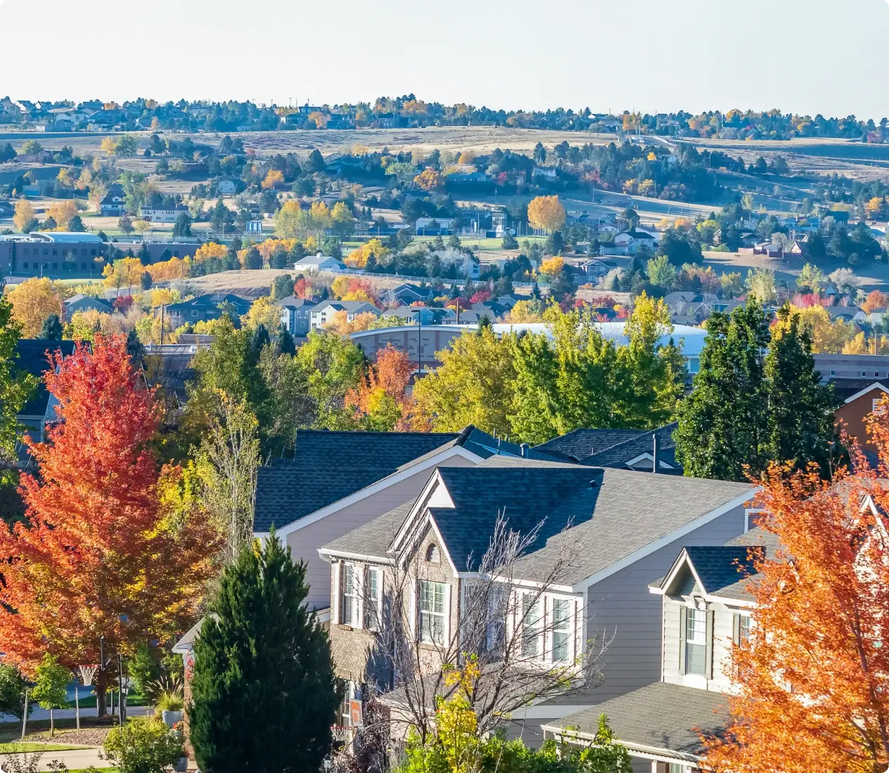 Houses surrounded by vibrant fall foliage